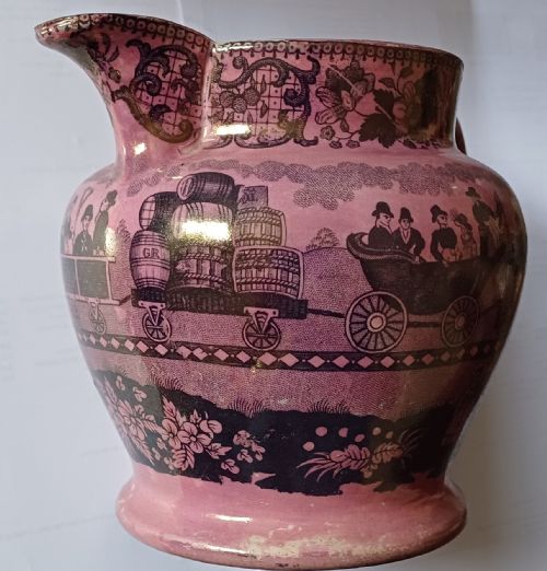 a rare pink lustre jug depicting the opening of the liverpool manchester railway dating circa 1830 - CATEGORY: ANTIQUE JUGS - DATED 1800
