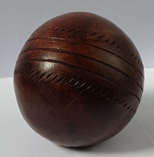 WOODEN SOLID WOOD CARVING OF A CRICKET BALL AS A DECK TOP ORNAMENT FOR THE MAN HAS EVERYTHING AND IS MAD ABOUT CRICKET PROBABLY MAHOGANY - ADDITIONAL PHOTO 10