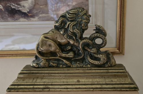MIDVICTORIAN ENGLISH BRASS LION SERPENT DOOR STOP DOOR PORTER