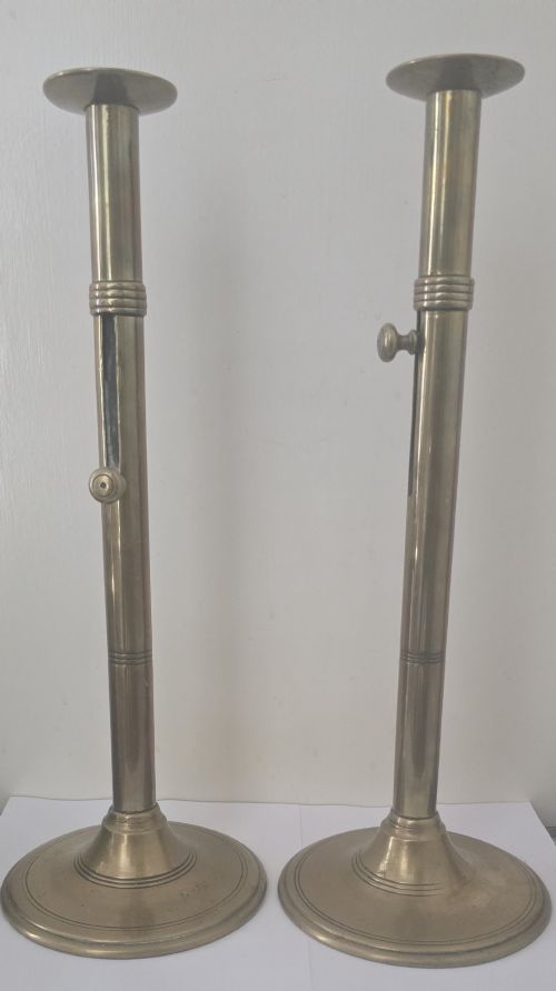 PAIR OF GEORGIAN BRASS TALL CANDLESTICKS WITH SIDE EJECTORS 43CM ANTIQUE ECCLESIASTICAL BRASS CANDLESTICKS ORIGINAL GEORGIAN PERIOD