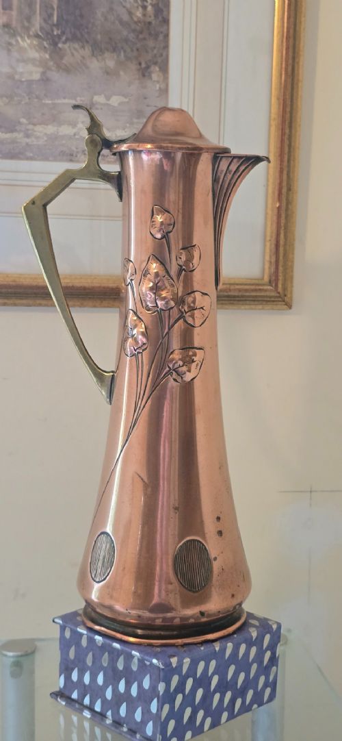 Wmf Art Nouveau Copper & Brass Ewer / Jug – Rare Floral Relief Design, C.1900