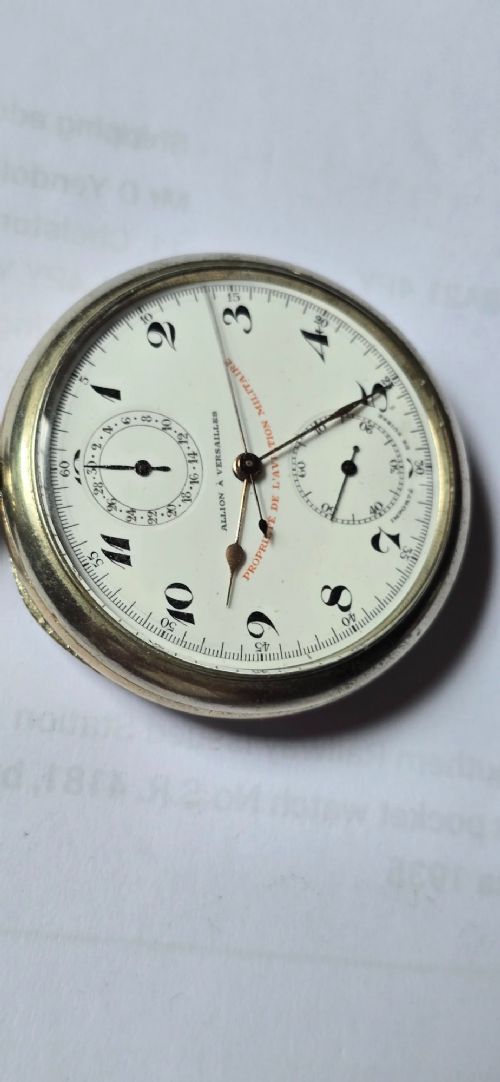 Rare Ww1 French Military Aviation Issue Pocket Watch Chronograph by Allion of Versailles