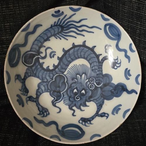 English Delftware Blue and White Dragon Saucer Dish, Circa 1760