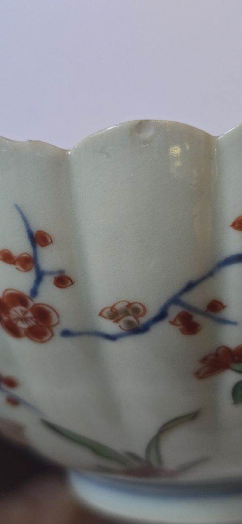A fluted late 17th-century Japanese porcelain bowl decorated with polychrome floral enamel motifs against an off-white background. View XIII