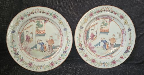 Pair of 18th Century Chinese Famille Rose Porcelain Plates, Circa 1740 – Figures in an Interior and Garden