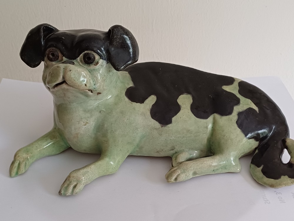 Bizan figure of a reclining dog, Signed Bizan Kyoto, Meiji period