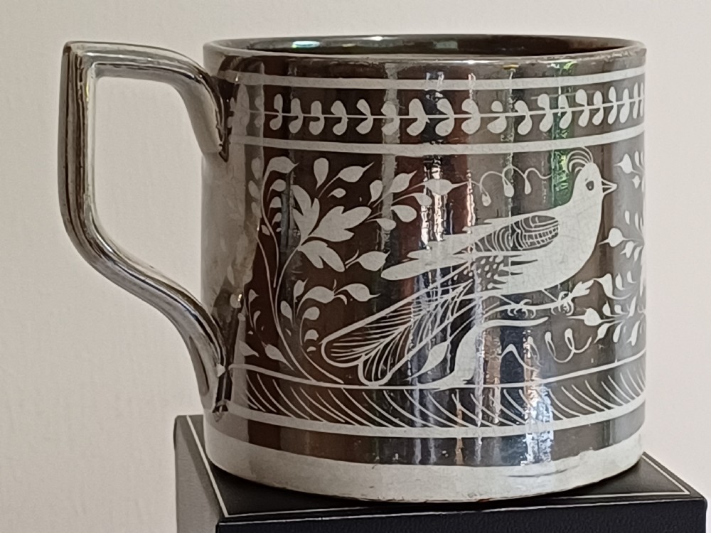 (Reserved JM)  English Silver Lustre Bird decorated mug, circa 1835.