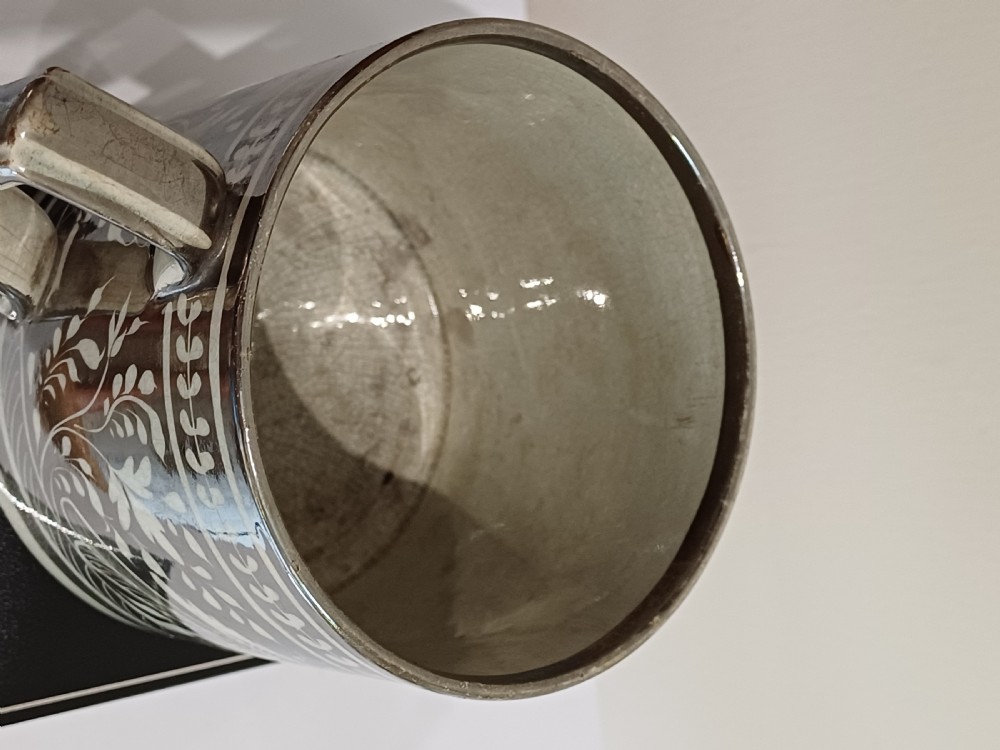 (Reserved JM)  English Silver Lustre Bird decorated mug, circa 1835. View IX