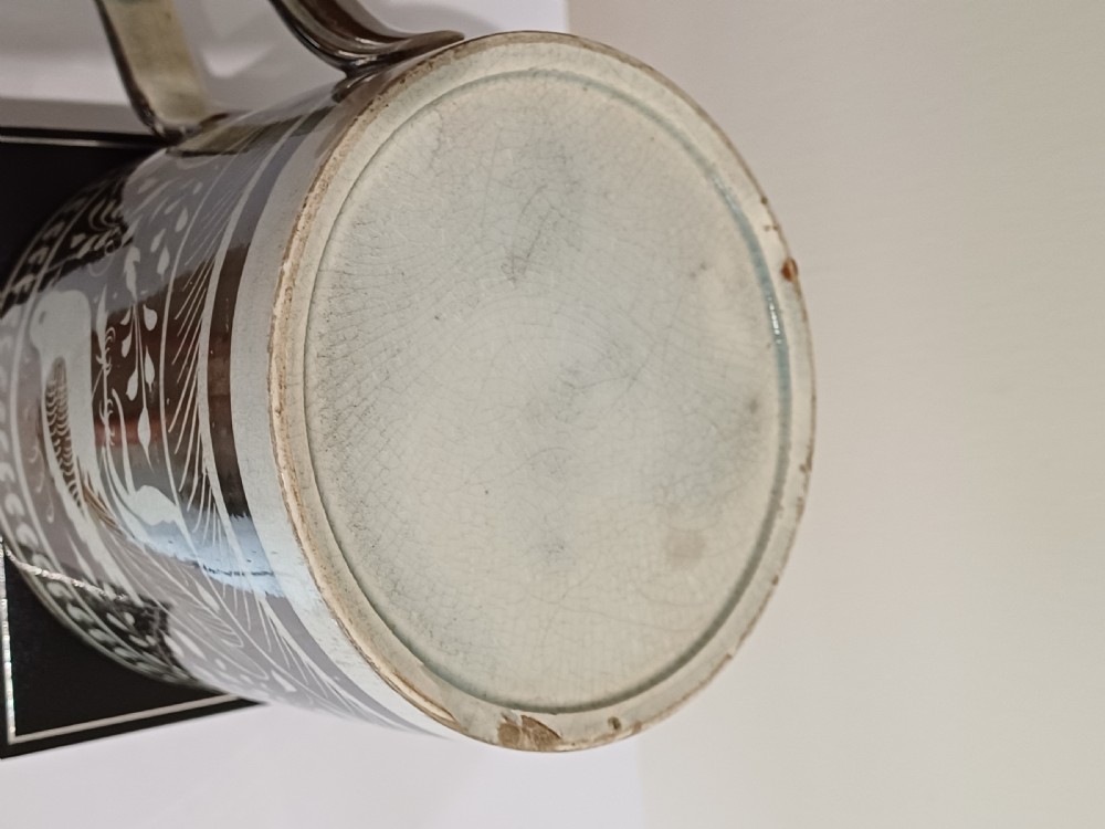 (Reserved JM)  English Silver Lustre Bird decorated mug, circa 1835. View X