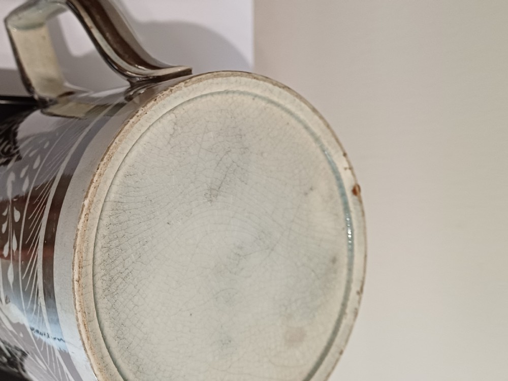 (Reserved JM)  English Silver Lustre Bird decorated mug, circa 1835. View XII