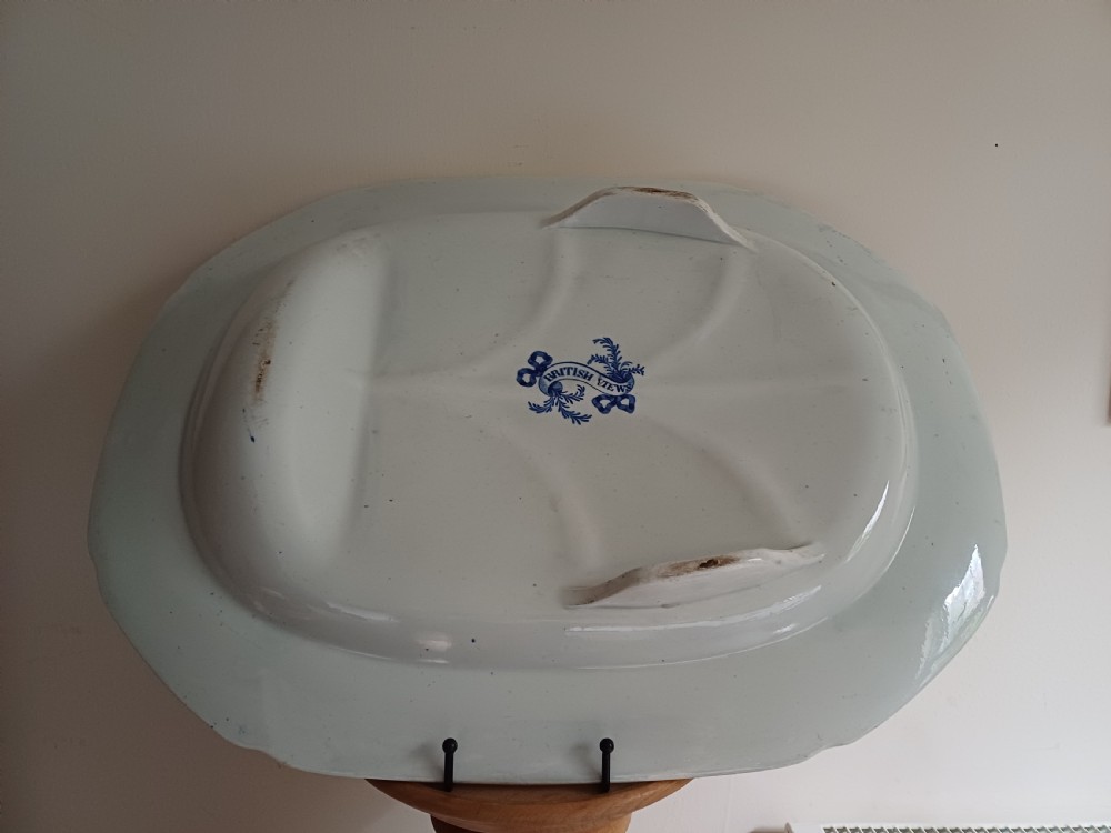 A large oval blue and white transfer printed earthenware meat platter featuring a country landscape scene with a dog and a moulded gravy well channel. View XI