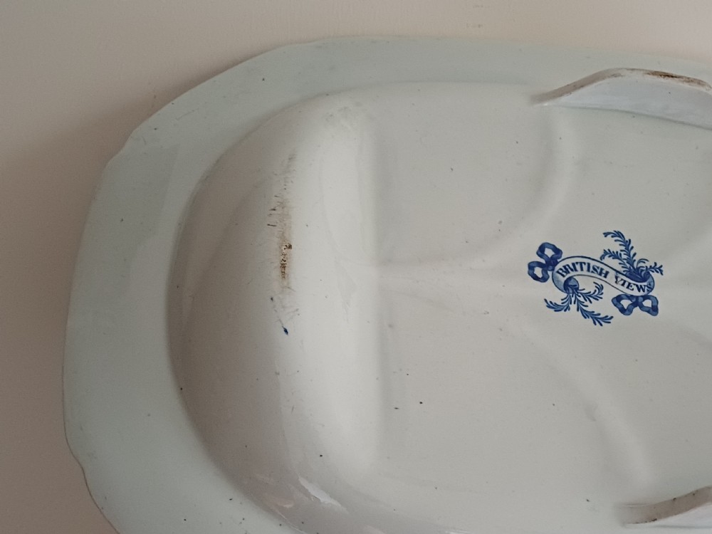 A large oval blue and white transfer printed earthenware meat platter featuring a country landscape scene with a dog and a moulded gravy well channel. View XIII