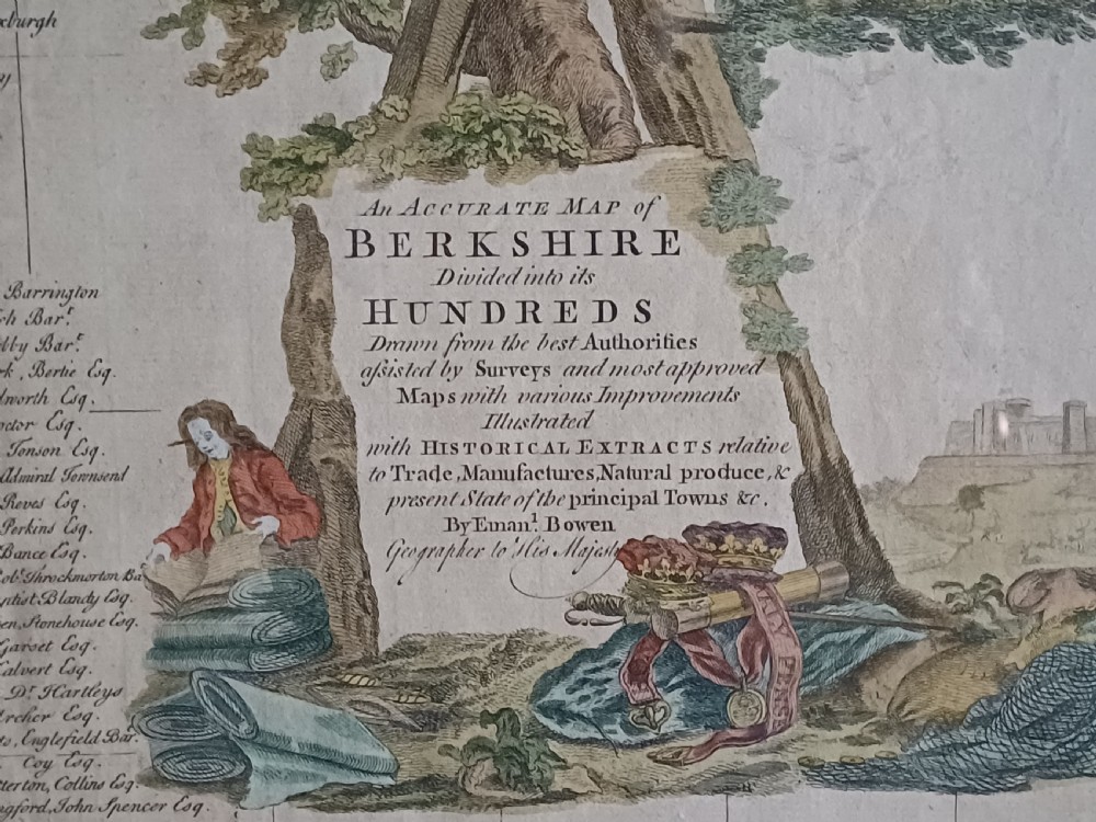A framed 18th-century hand-coloured map of Berkshire by Emanuel Bowen featuring historical text cartouches and a dark wooden frame. View II