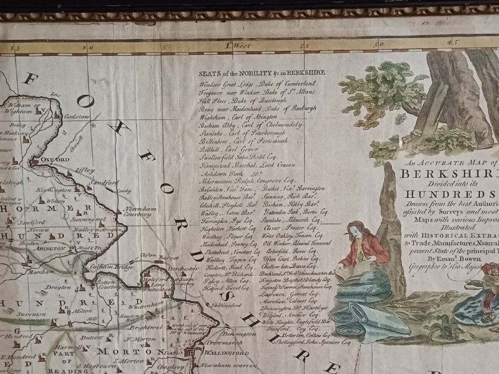 A framed 18th-century hand-coloured map of Berkshire by Emanuel Bowen featuring historical text cartouches and a dark wooden frame. View III