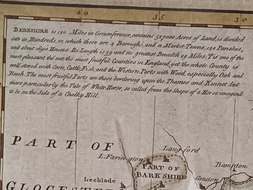 A framed 18th-century hand-coloured map of Berkshire by Emanuel Bowen featuring historical text cartouches and a dark wooden frame. View VI