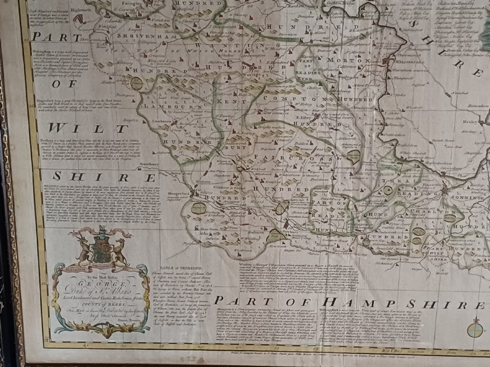 A framed 18th-century hand-coloured map of Berkshire by Emanuel Bowen featuring historical text cartouches and a dark wooden frame. View VIII