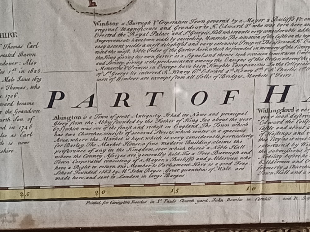 A framed 18th-century hand-coloured map of Berkshire by Emanuel Bowen featuring historical text cartouches and a dark wooden frame. View XIV