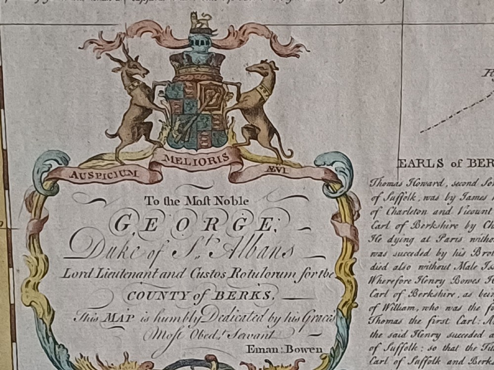A framed 18th-century hand-coloured map of Berkshire by Emanuel Bowen featuring historical text cartouches and a dark wooden frame. View XV