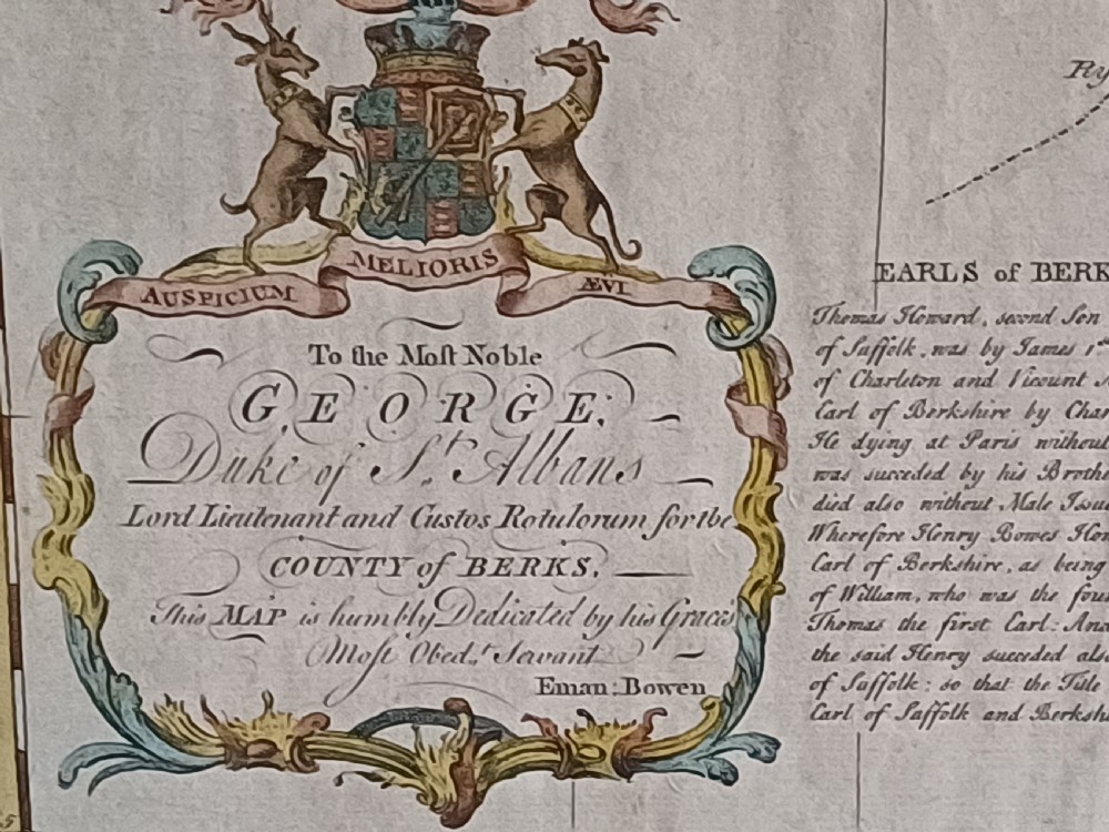 A framed 18th-century hand-coloured map of Berkshire by Emanuel Bowen featuring historical text cartouches and a dark wooden frame. View XVI