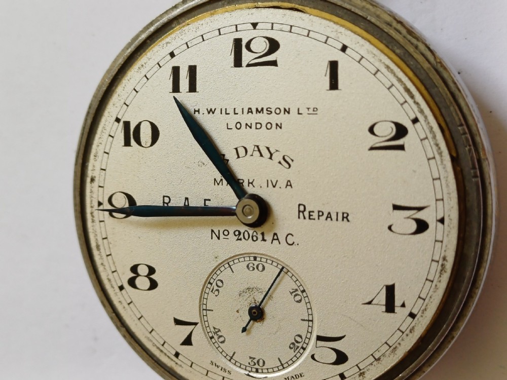 WW1 Royal Flying Corps 8 Day Mark IV A Cockpit Pocket Watch By H W Williamson Ltd, No 2061 AC, Circa 1917 View IV