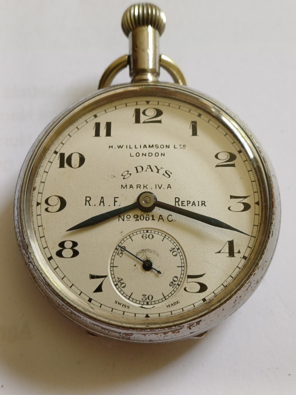 WW1 Royal Flying Corps 8 Day Mark IV A Cockpit Pocket Watch By H W Williamson Ltd, No 2061 AC, Circa 1917