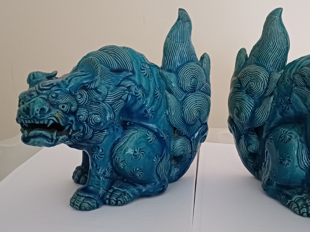 (Reserved MC) For sale, a fine pair of Japanese turquoise glazed Shi Shi dating to the Meiji period. View II