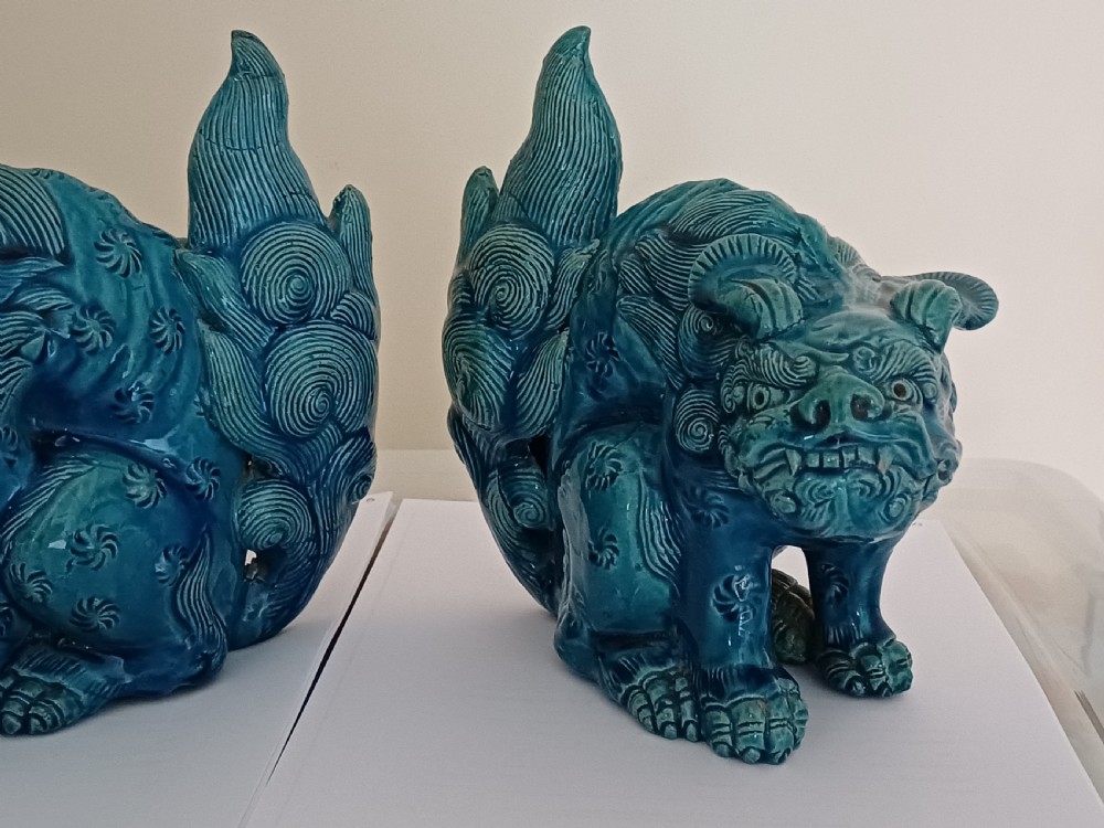 (Reserved MC) For sale, a fine pair of Japanese turquoise glazed Shi Shi dating to the Meiji period. View III