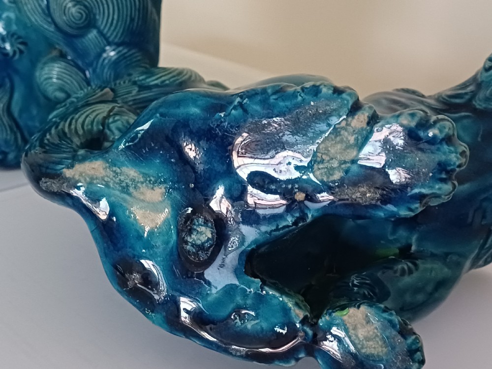 (Reserved MC) For sale, a fine pair of Japanese turquoise glazed Shi Shi dating to the Meiji period. View XI