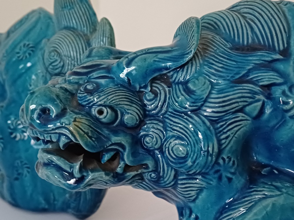 (Reserved MC) For sale, a fine pair of Japanese turquoise glazed Shi Shi dating to the Meiji period. View XX