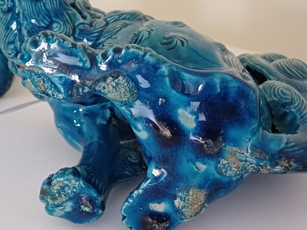 (Reserved MC) For sale, a fine pair of Japanese turquoise glazed Shi Shi dating to the Meiji period. View XXII