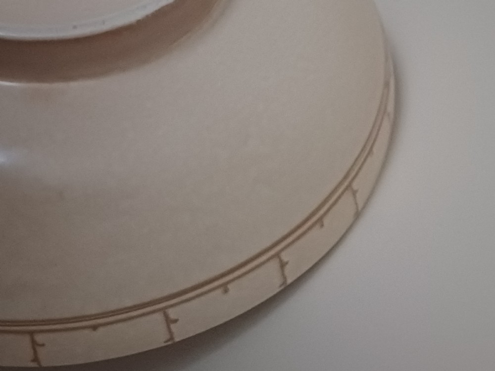 A round Art Deco earthenware bowl featuring a central circular spider-web trellis design surrounded by tube-lined floral motifs in orange and beige. View XI
