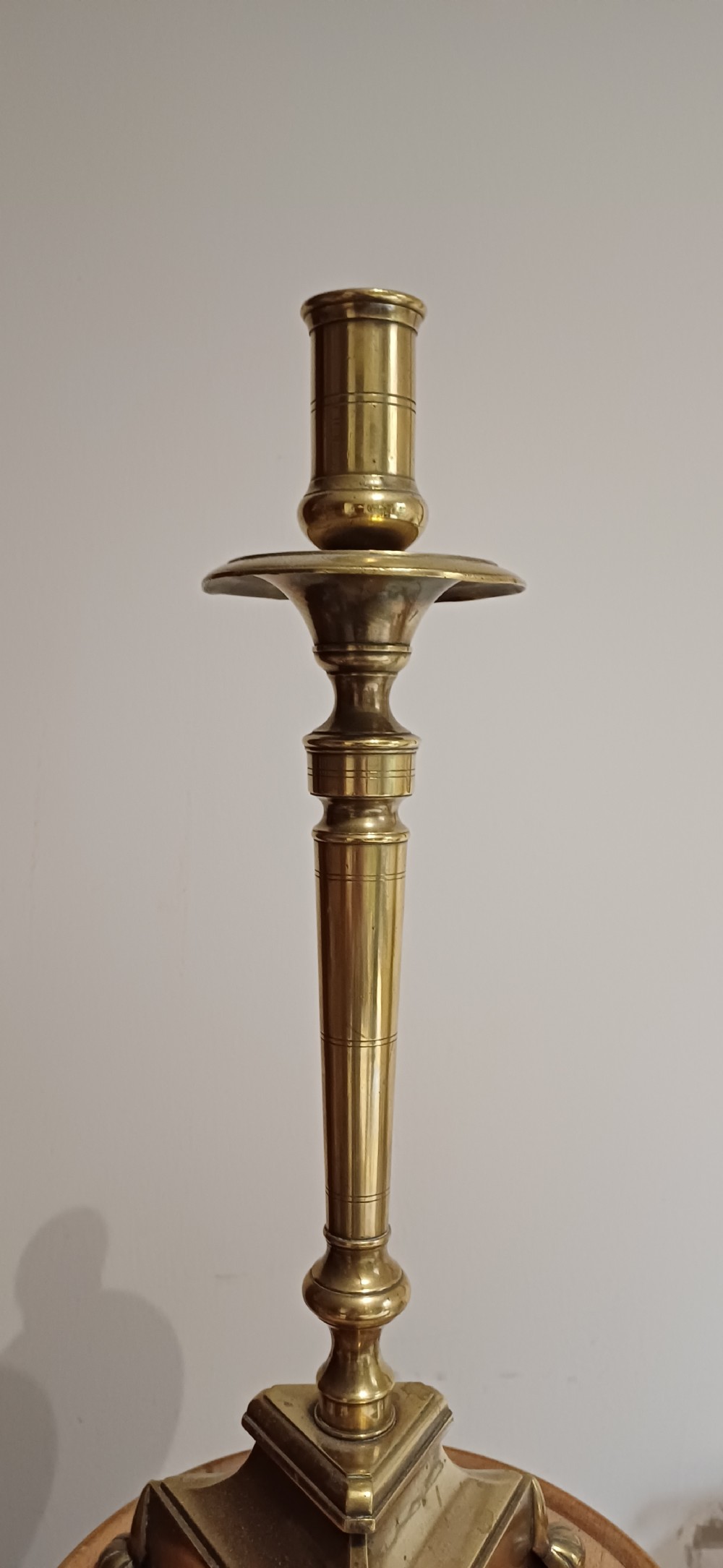 (Reserved PS) A very good Ecclesiastical design large 17th/18th century triangular based candle stick View IV