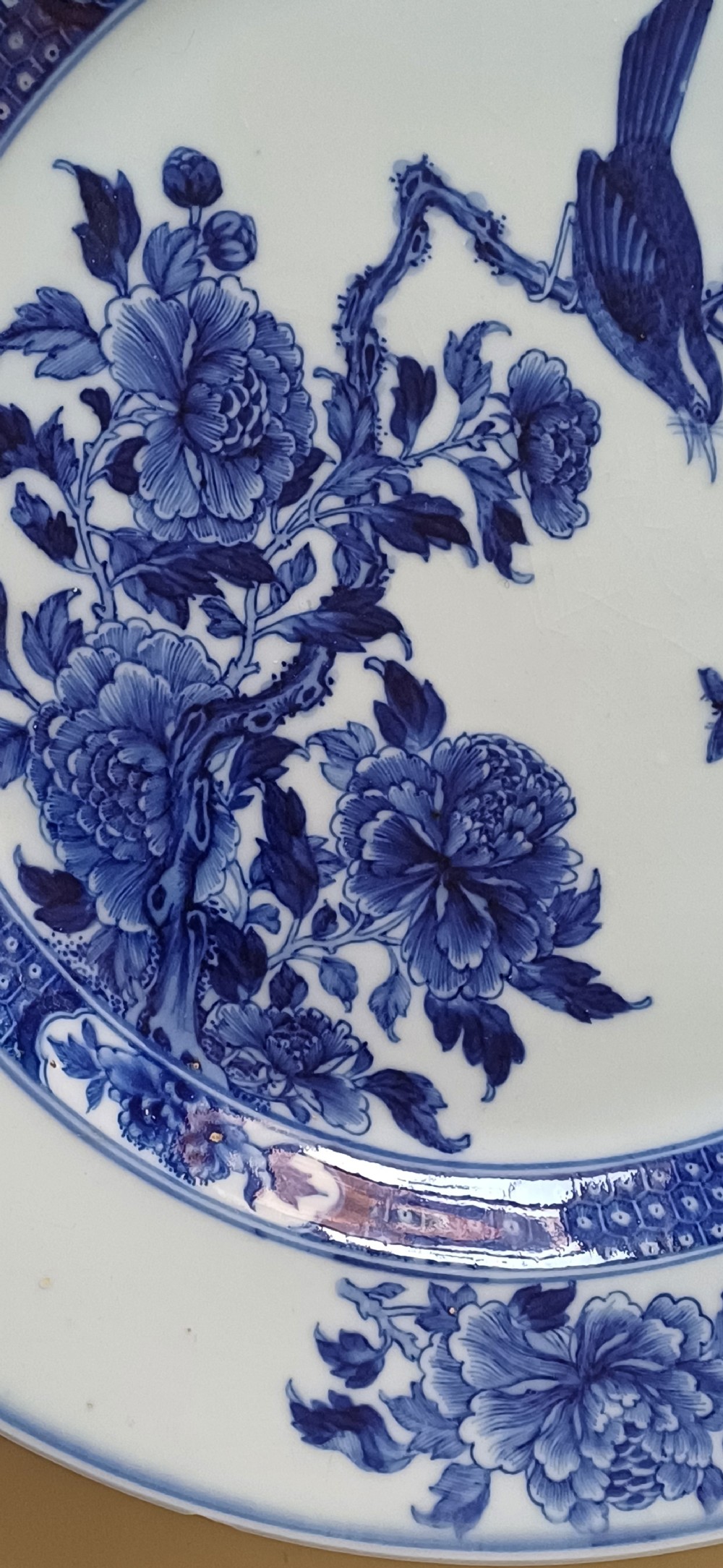 (Reserved PS) Chinese very finely painted blue and white plate decorated with a songbird and insects to the centre. Dating circa 1765.  View VI
