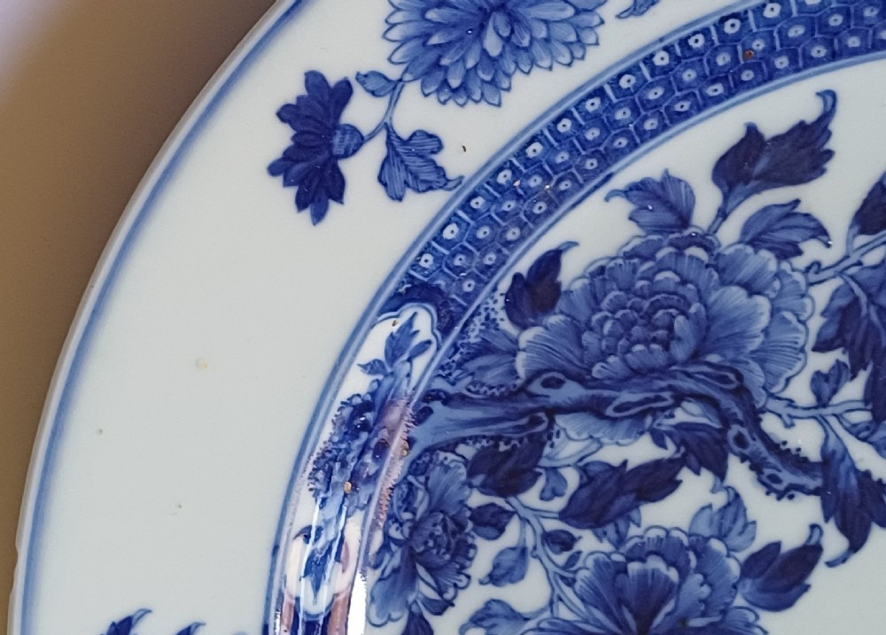 (Reserved PS) Chinese very finely painted blue and white plate decorated with a songbird and insects to the centre. Dating circa 1765.  View IX