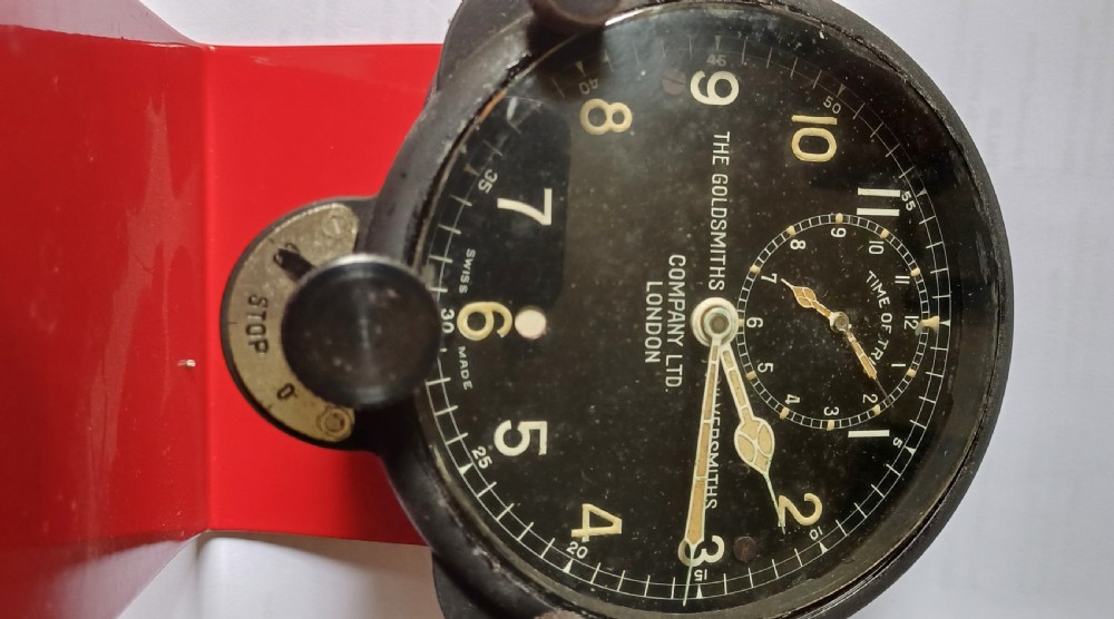 A rare pre–WW2 Aircraft Time of Trip cockpit clock by the famous Goldsmiths & Silversmiths Company Ltd, London, circa 1930 View II