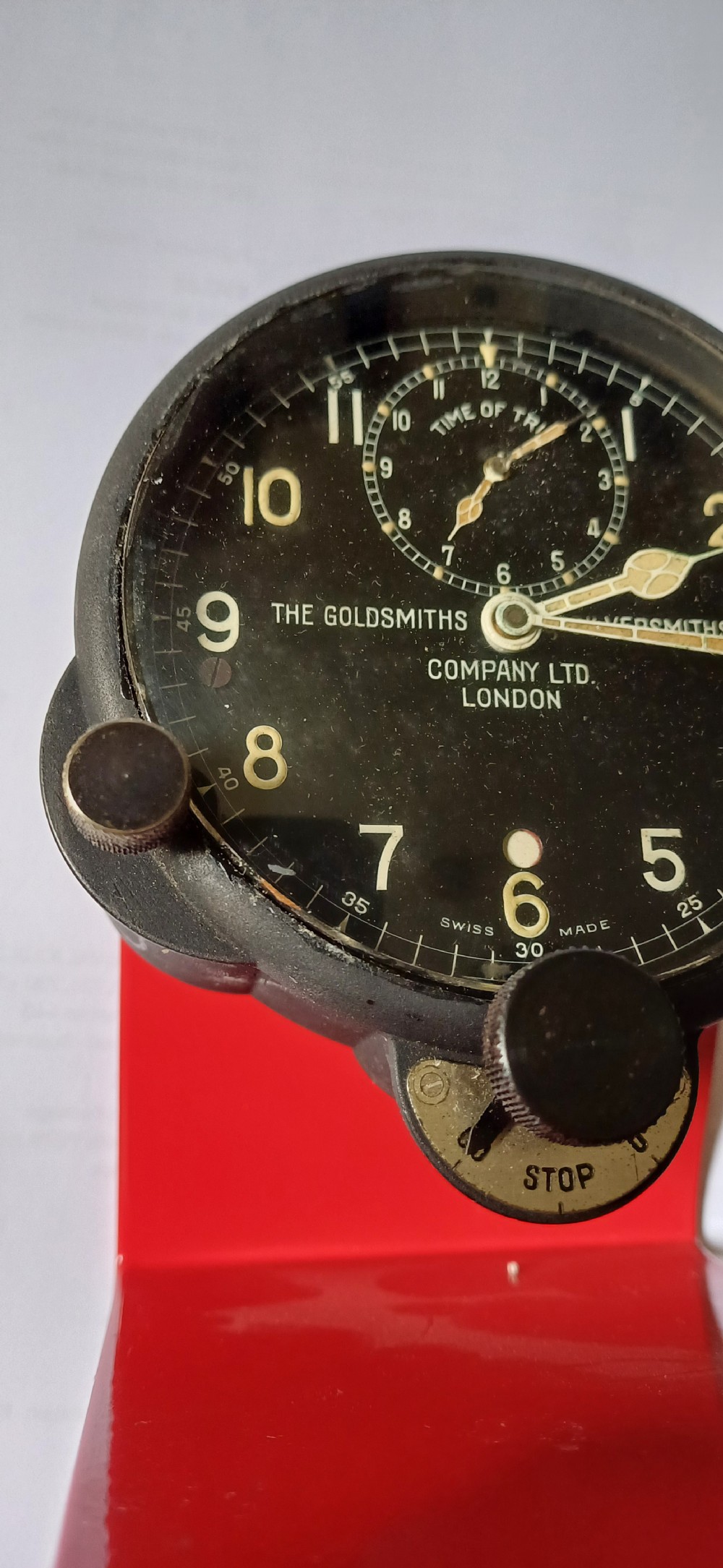 A rare pre–WW2 Aircraft Time of Trip cockpit clock by the famous Goldsmiths & Silversmiths Company Ltd, London, circa 1930 View V