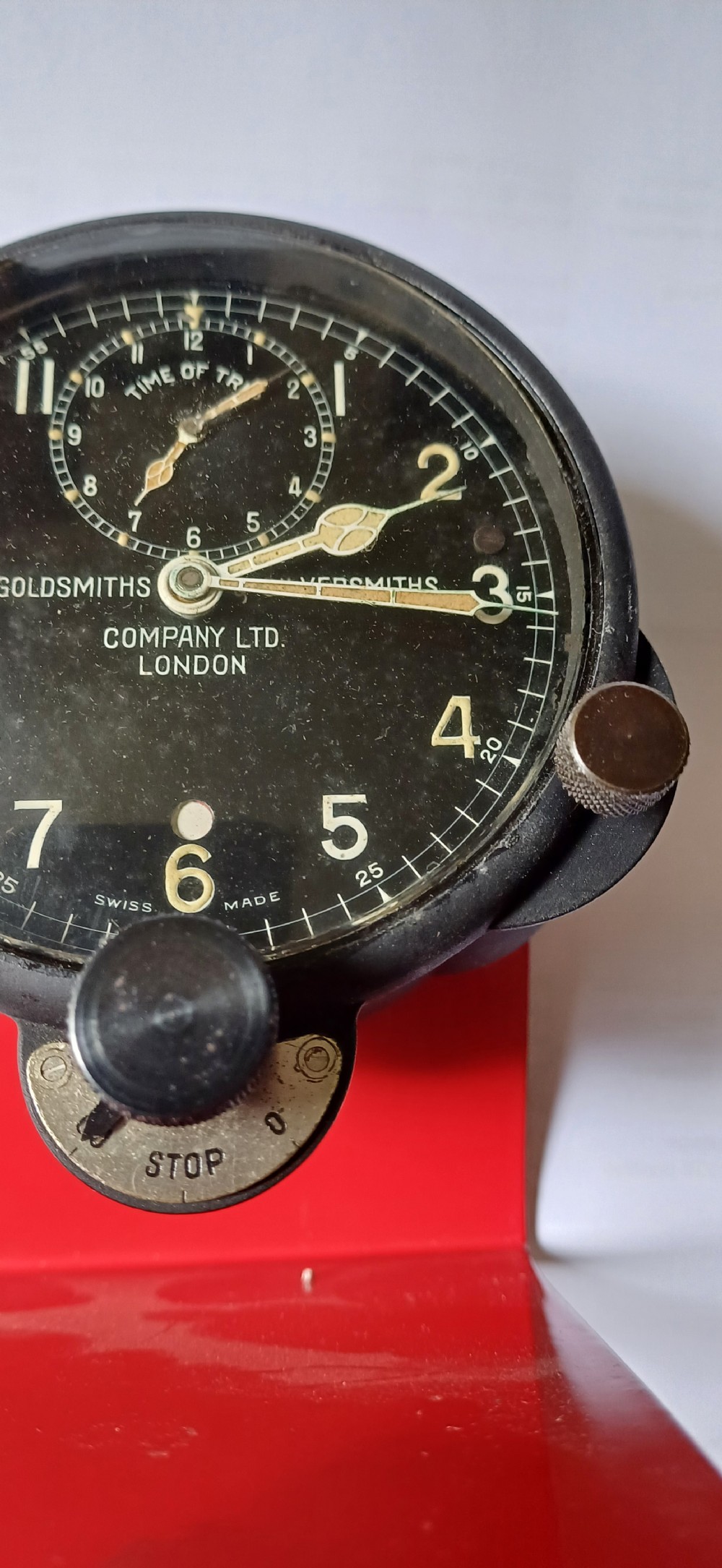 A rare pre–WW2 Aircraft Time of Trip cockpit clock by the famous Goldsmiths & Silversmiths Company Ltd, London, circa 1930 View XII