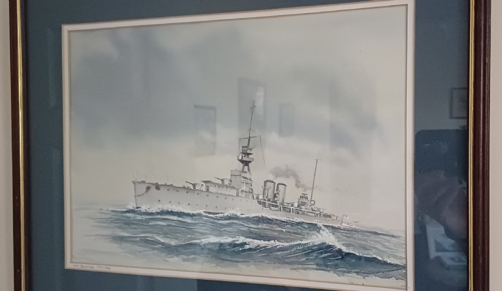 A framed watercolour painting depicting the Royal Navy warship HMS Dauntless sailing across ocean waves. View III