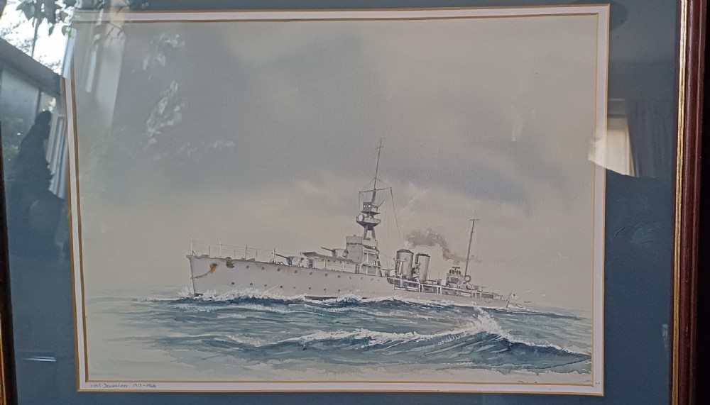 A framed watercolour painting depicting the Royal Navy warship HMS Dauntless sailing across ocean waves. View IV