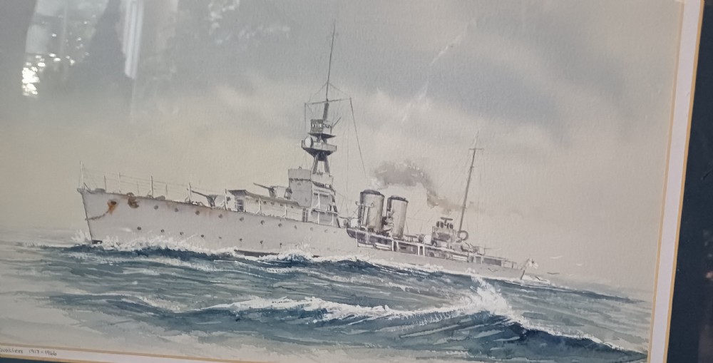 A framed watercolour painting depicting the Royal Navy warship HMS Dauntless sailing across ocean waves. View IX