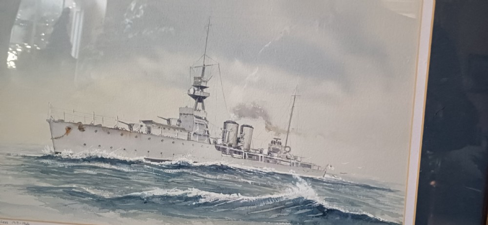 A framed watercolour painting depicting the Royal Navy warship HMS Dauntless sailing across ocean waves. View X