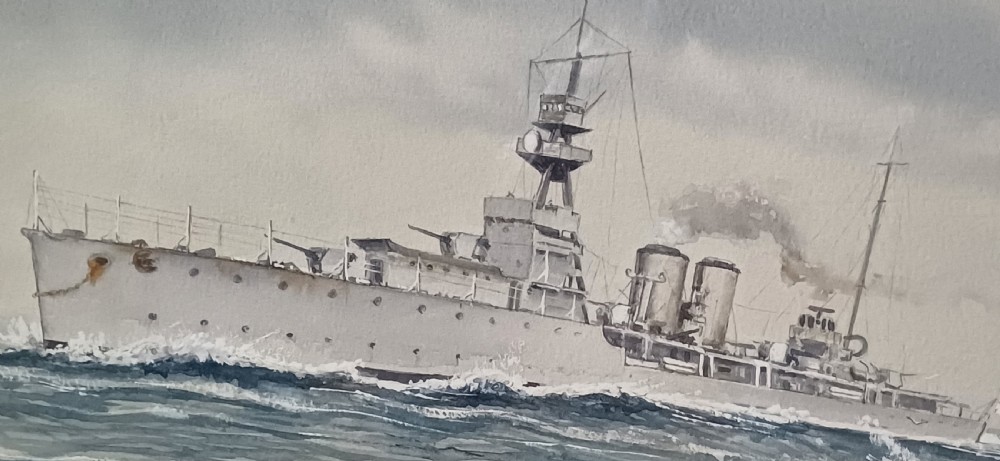 A framed watercolour painting depicting the Royal Navy warship HMS Dauntless sailing across ocean waves. View XI