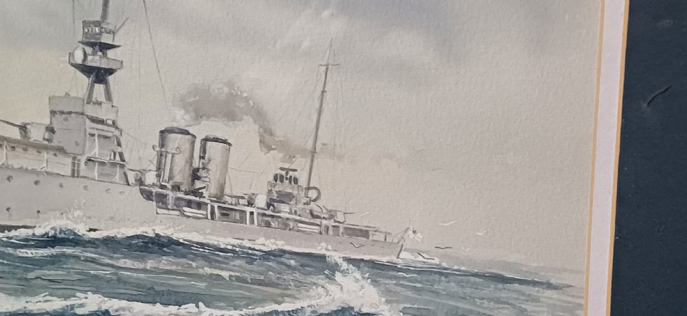 A framed watercolour painting depicting the Royal Navy warship HMS Dauntless sailing across ocean waves. View XII