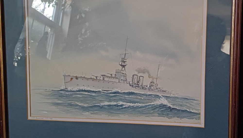 A framed watercolour painting depicting the Royal Navy warship HMS Dauntless sailing across ocean waves. View XVI