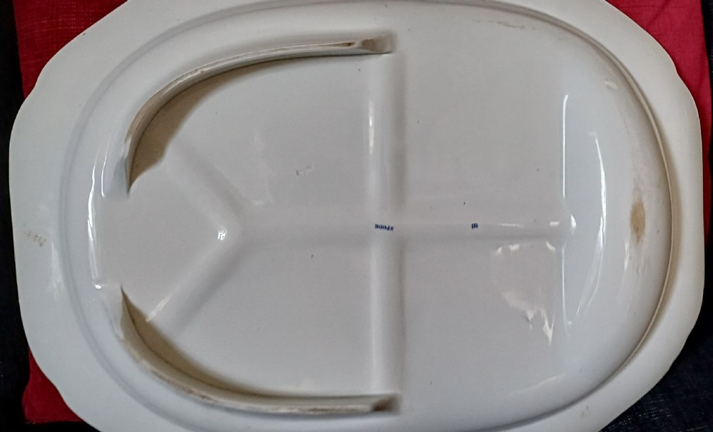 An oval blue and white transfer-printed earthenware meat platter depicting a central landscape with a bridge, tower, and cattle framed by a broad vine leaf border. View XIV