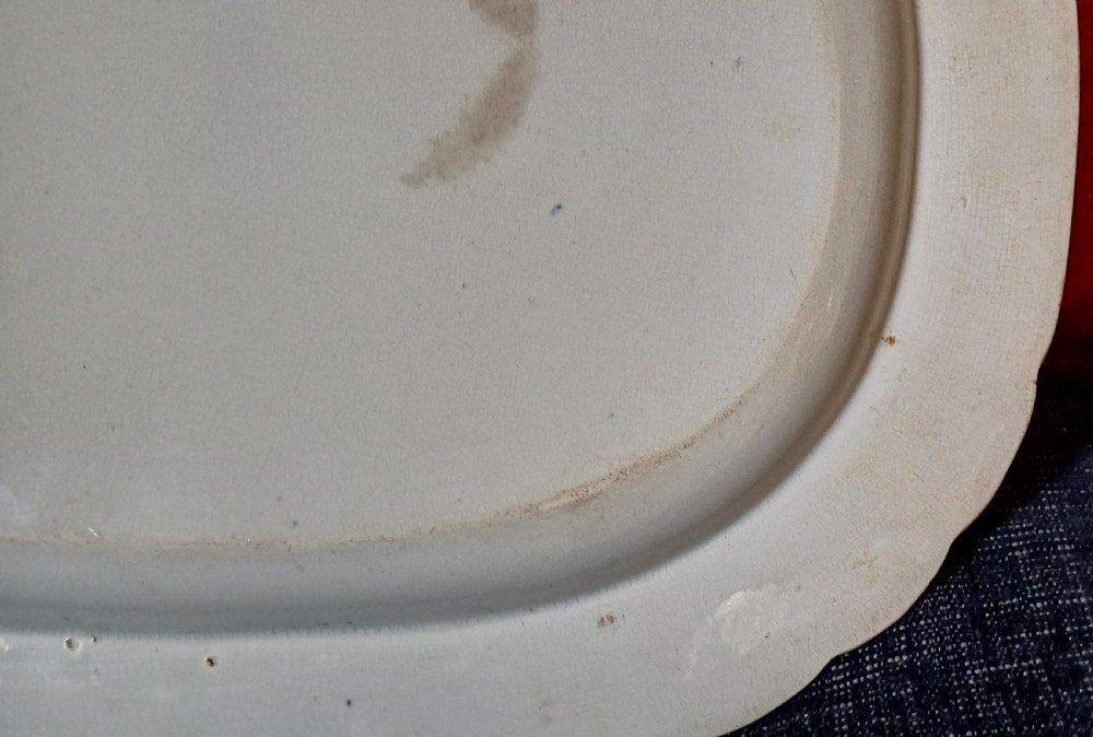 An oval blue and white earthenware transferware platter featuring a central naval sea battle scene surrounded by a botanical and seashell border. View XVI