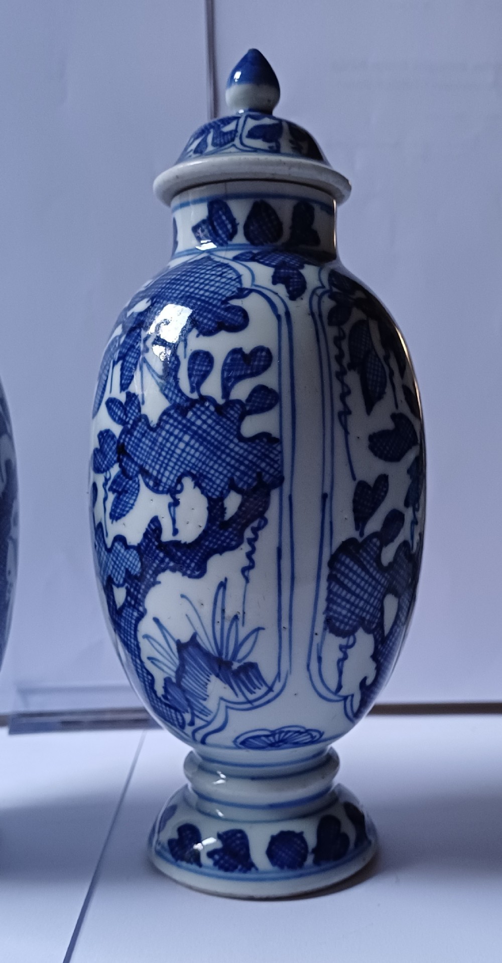 A pair of antique Chinese Kangxi period ovoid porcelain jars with fitted lids, decorated with hand-painted cobalt blue floral motifs on a white background. View X