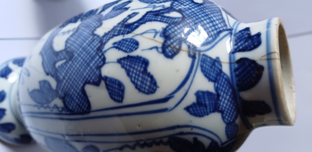 A pair of antique Chinese Kangxi period ovoid porcelain jars with fitted lids, decorated with hand-painted cobalt blue floral motifs on a white background. View XIII