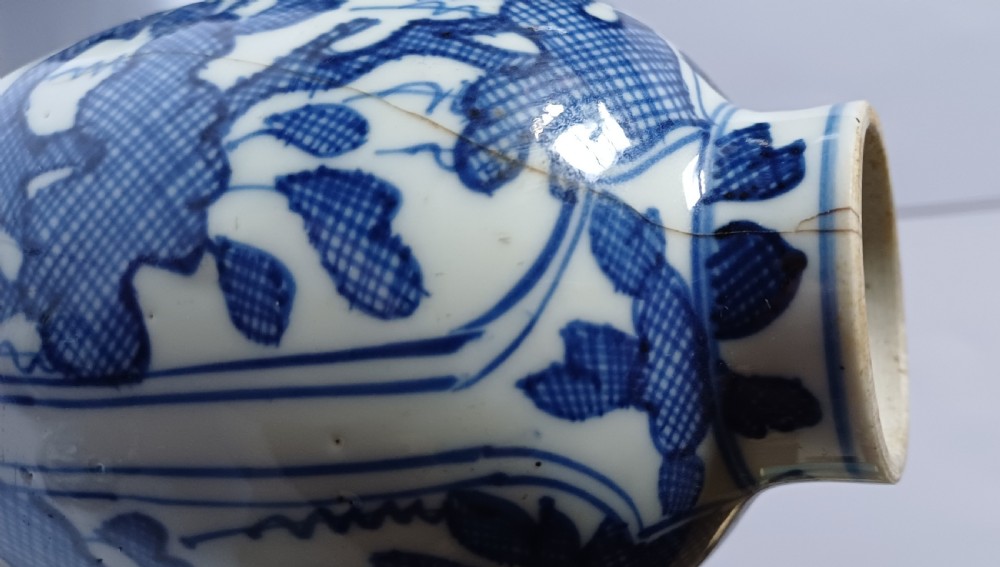 A pair of antique Chinese Kangxi period ovoid porcelain jars with fitted lids, decorated with hand-painted cobalt blue floral motifs on a white background. View XIV
