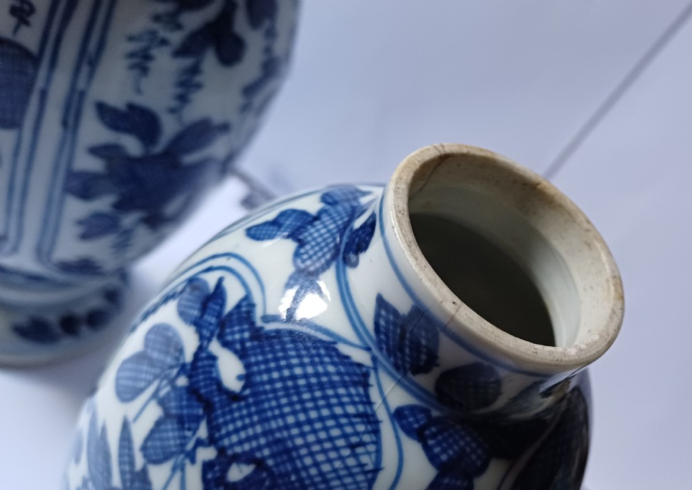 A pair of antique Chinese Kangxi period ovoid porcelain jars with fitted lids, decorated with hand-painted cobalt blue floral motifs on a white background. View XIX